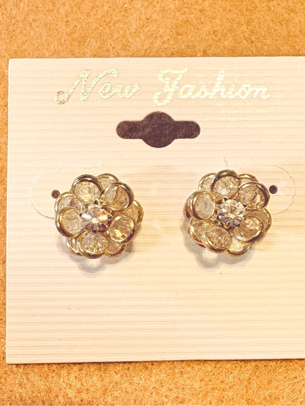 Gold Floral Crystal Stud Earrings -